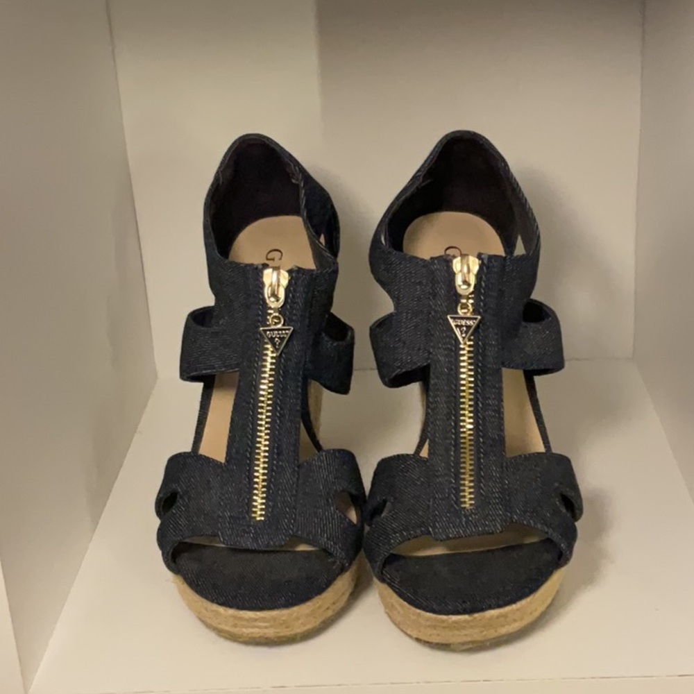 Guess Blue and Gold Wedge Sandals with Zipper